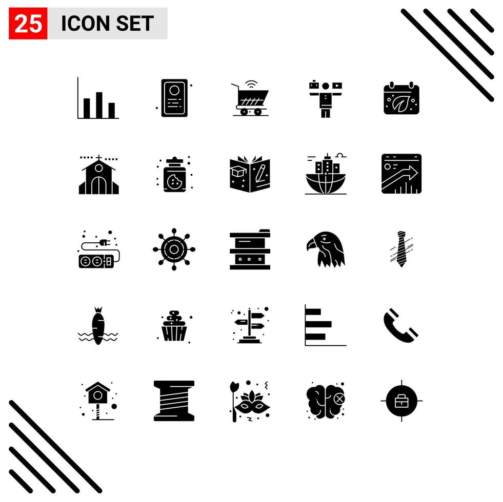 Pack of 25 creative Solid Glyphs of calender day wifi earth play Editable Vector Design Elements