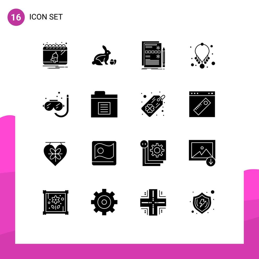 Pack of 16 Modern Solid Glyphs Signs and Symbols for Web Print Media such as diving jewelry component fashion system Editable Vector Design Elements