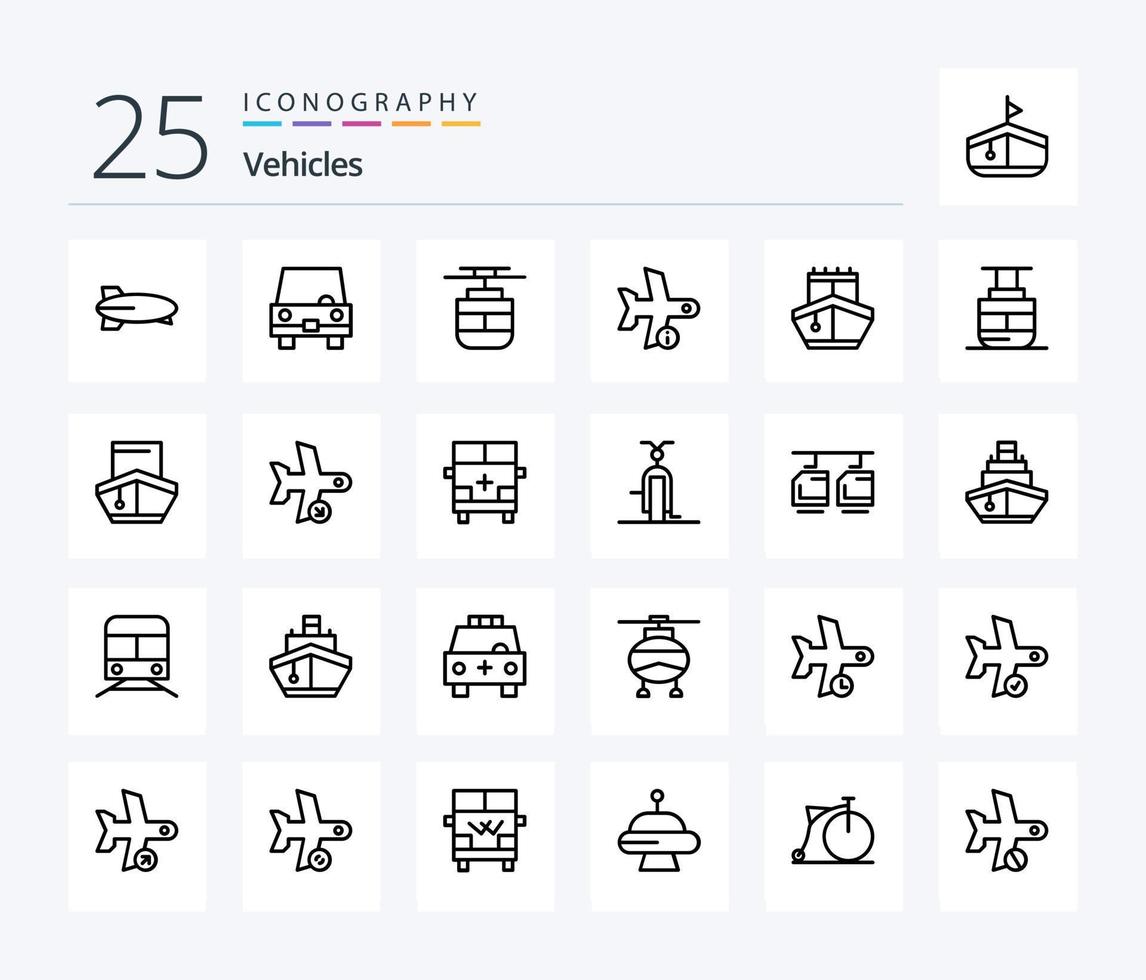 paquete de iconos de 25 líneas de vehículos que incluye transporte. avión. vehículos información vehículos vector
