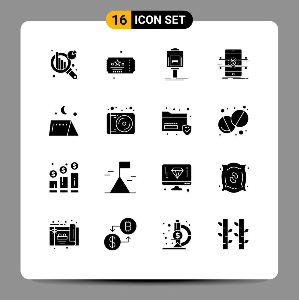 Group of 16 Solid Glyphs Signs and Symbols for camping phone parking mobile api Editable Vector Design Elements
