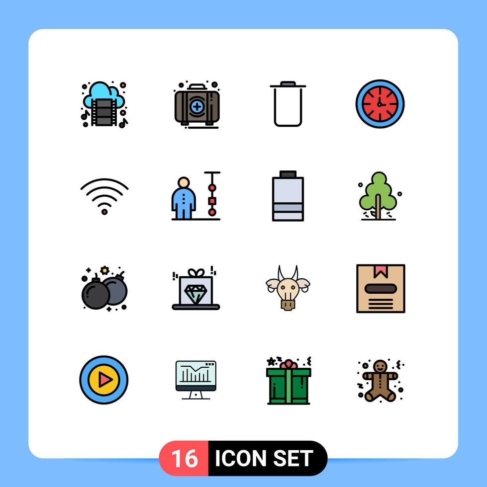 Pack of 16 creative Flat Color Filled Lines of signal global box clock watch Editable Creative Vector Design Elements