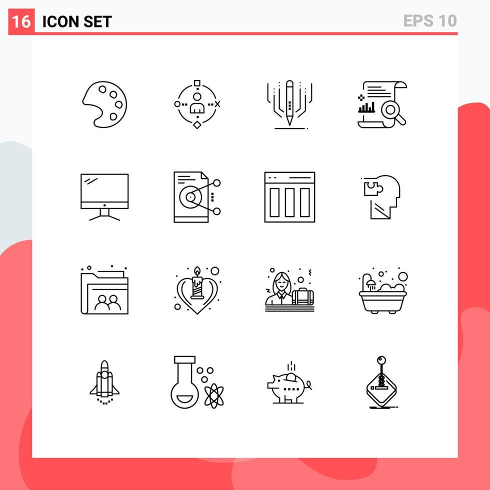 conjunto moderno de 16 contornos y símbolos, como elementos de diseño de vectores editables de contenido de búsqueda digital de informe de monitor