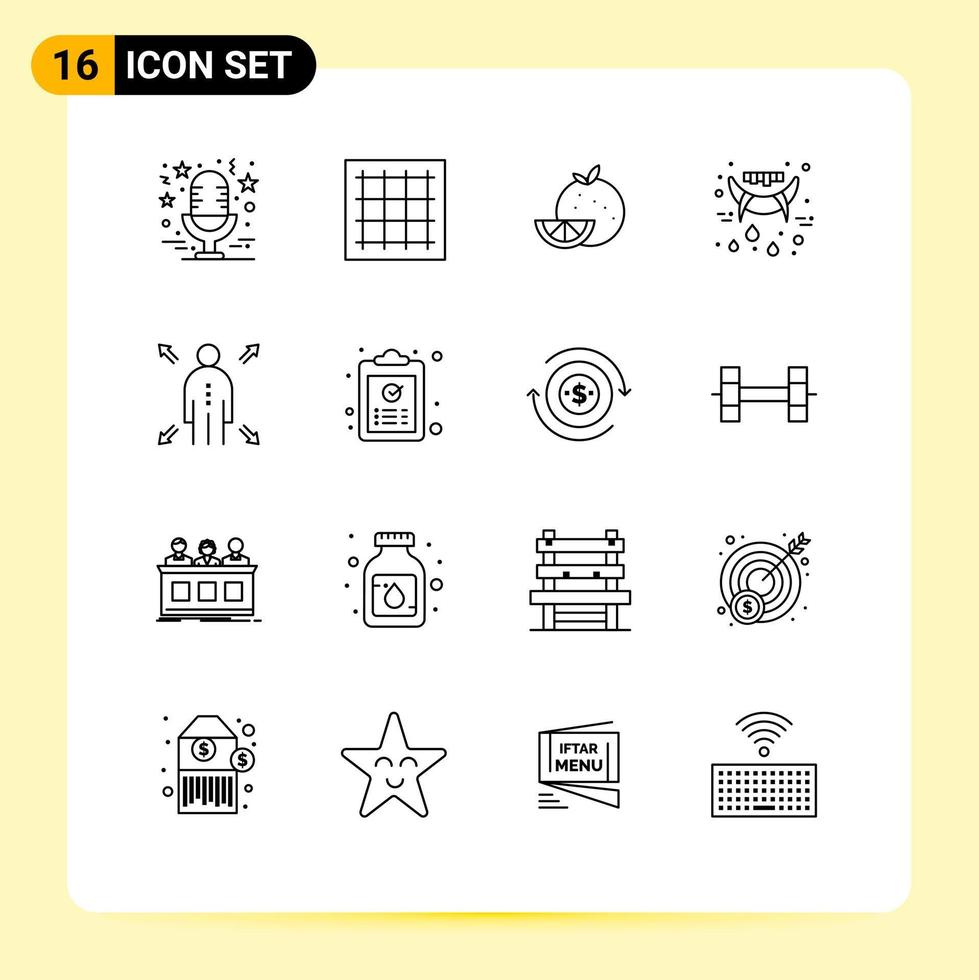 conjunto moderno de 16 contornos y símbolos como el área de vacaciones de vampiros elementos de diseño de vectores editables de frutas de halloween