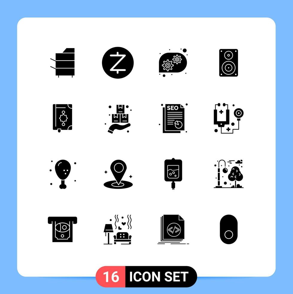 Group of 16 Modern Solid Glyphs Set for book professional gear monitor hifi Editable Vector Design Elements