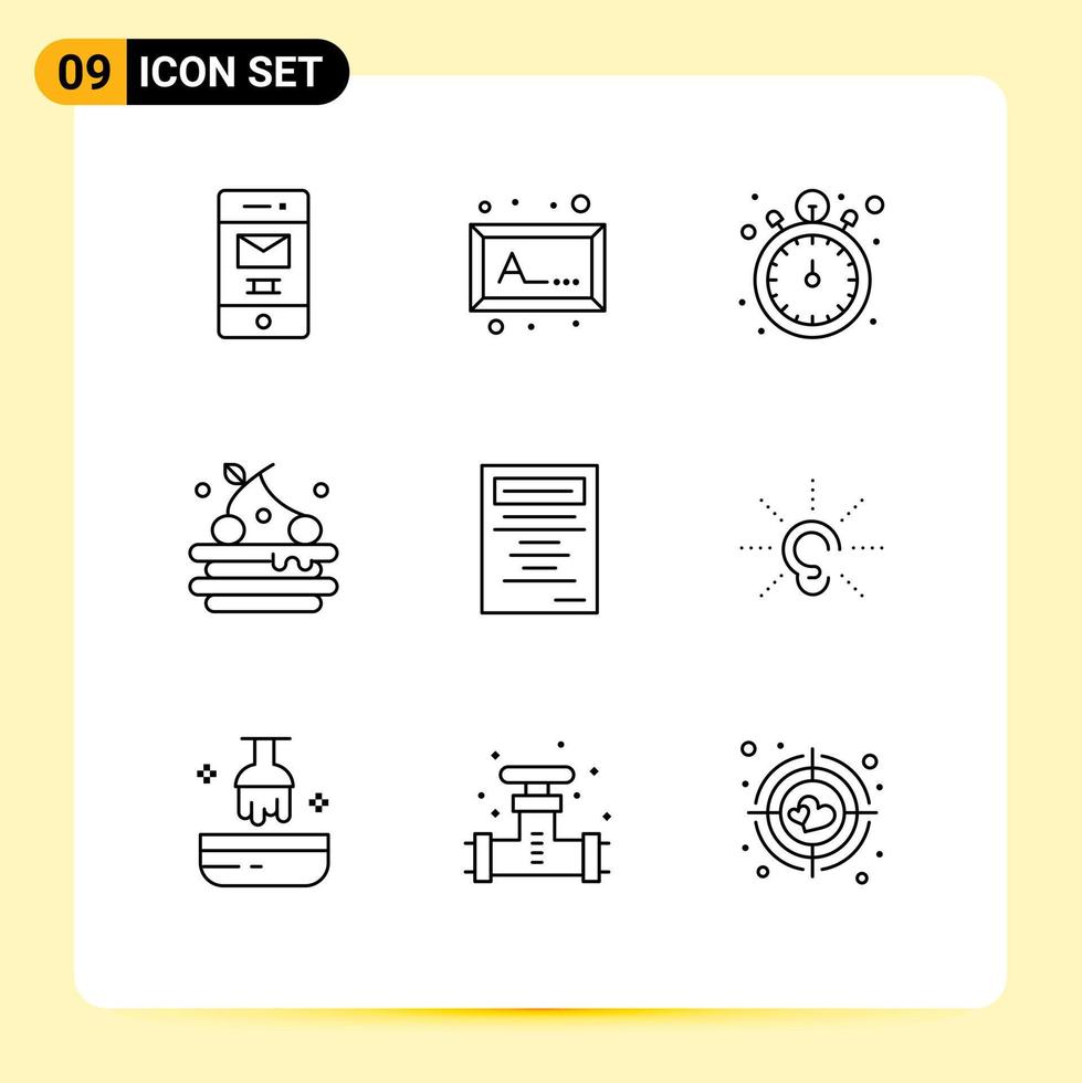 Universal Icon Symbols Group of 9 Modern Outlines of awareness education stop watch book food Editable Vector Design Elements