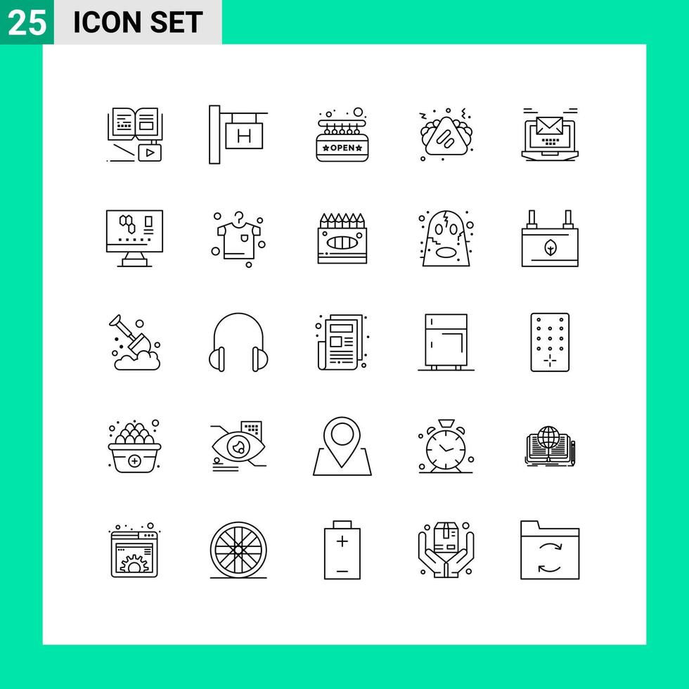 25 User Interface Line Pack of modern Signs and Symbols of mail computer open sandwich food Editable Vector Design Elements