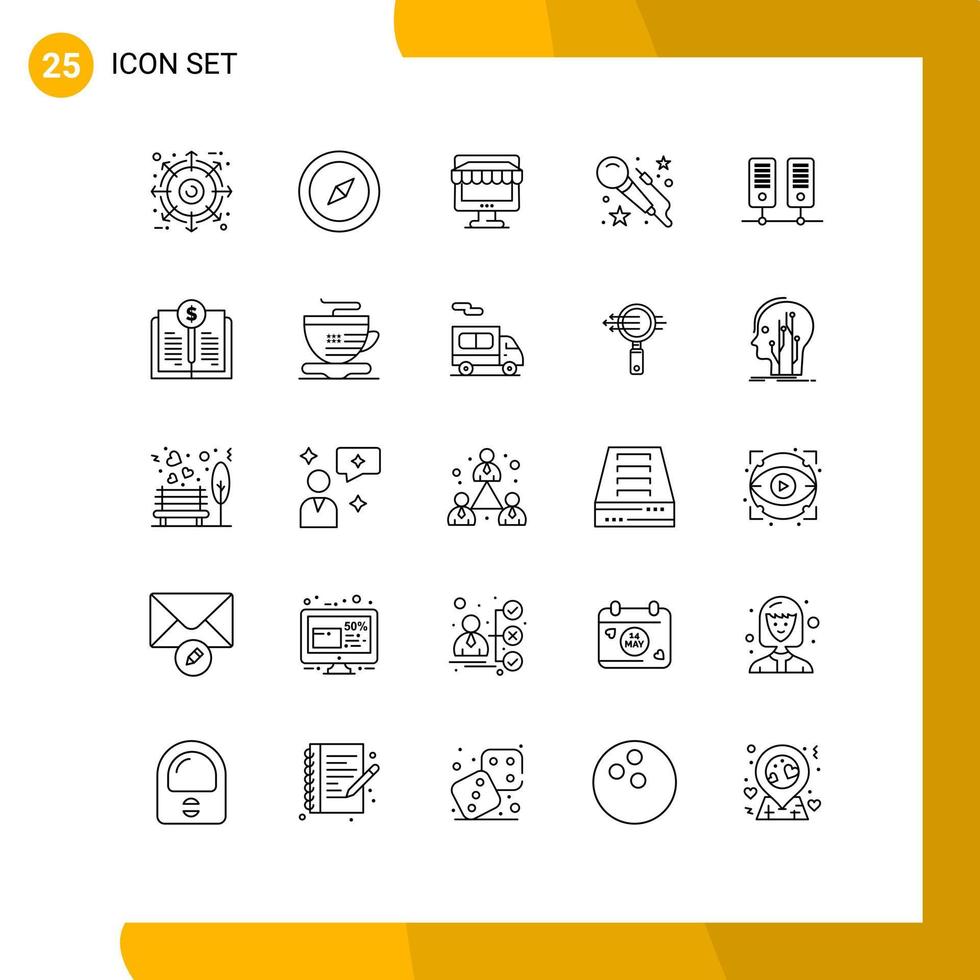 Pack of 25 Modern Lines Signs and Symbols for Web Print Media such as server center shop art voice Editable Vector Design Elements