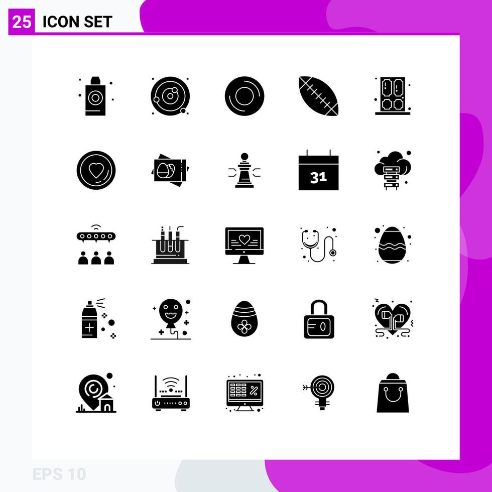 25 Universal Solid Glyphs Set for Web and Mobile Applications door football sphere american gadget Editable Vector Design Elements