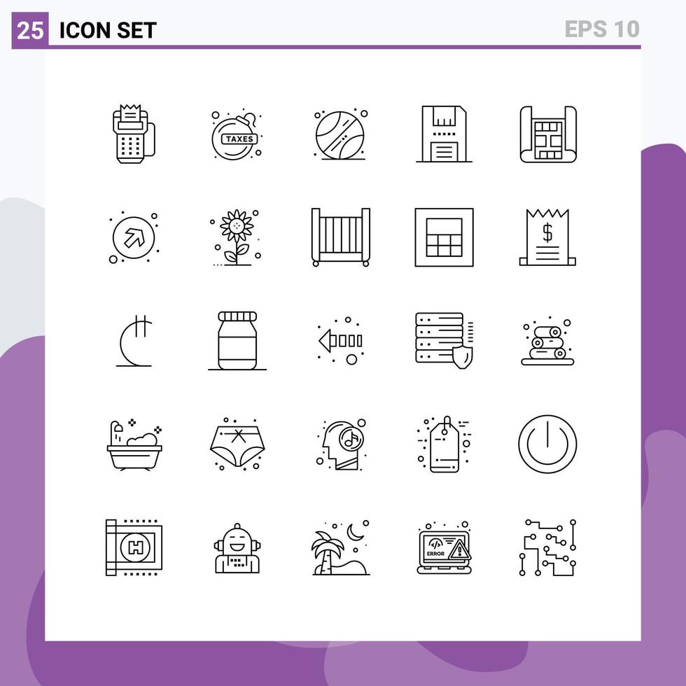 25 Thematic Vector Lines and Editable Symbols of map floppy tax electronics devices Editable Vector Design Elements