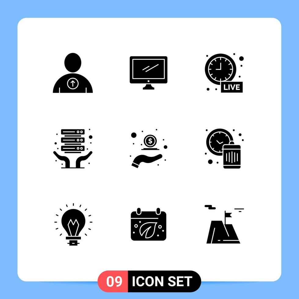 User Interface Pack of 9 Basic Solid Glyphs of hand cash alarm shared internet hosting Editable Vector Design Elements