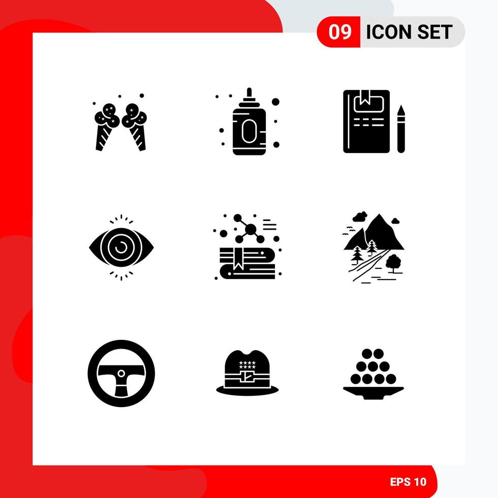 Set of 9 Vector Solid Glyphs on Grid for molecule chemistry education book search Editable Vector Design Elements