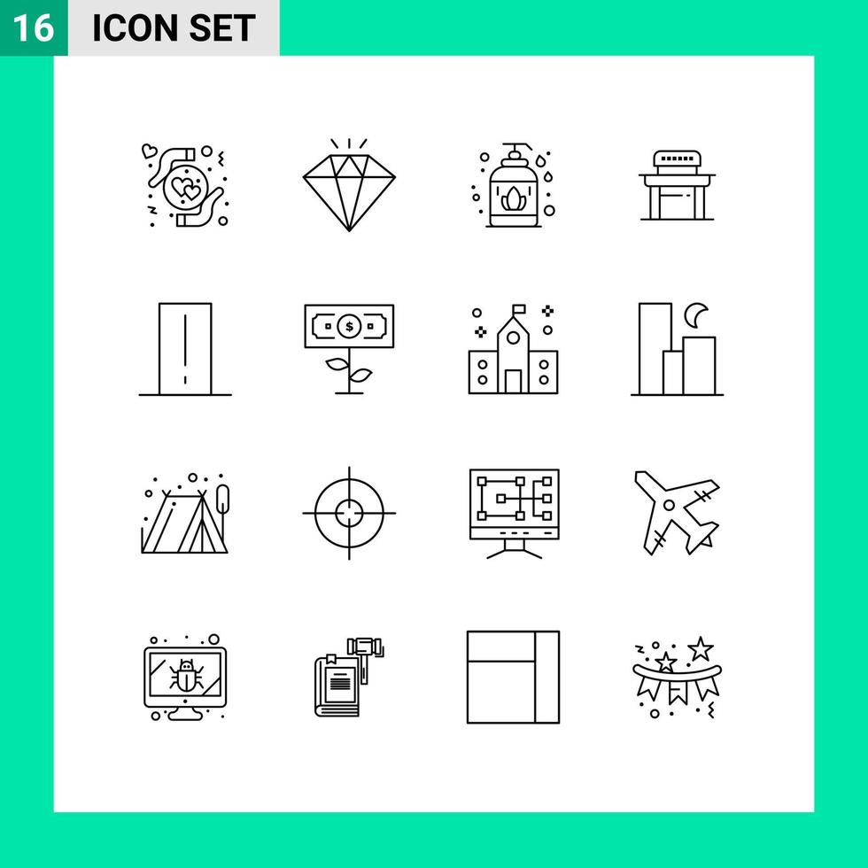 Pictogram Set of 16 Simple Outlines of gadget device liquid soap biology meter chair Editable Vector Design Elements