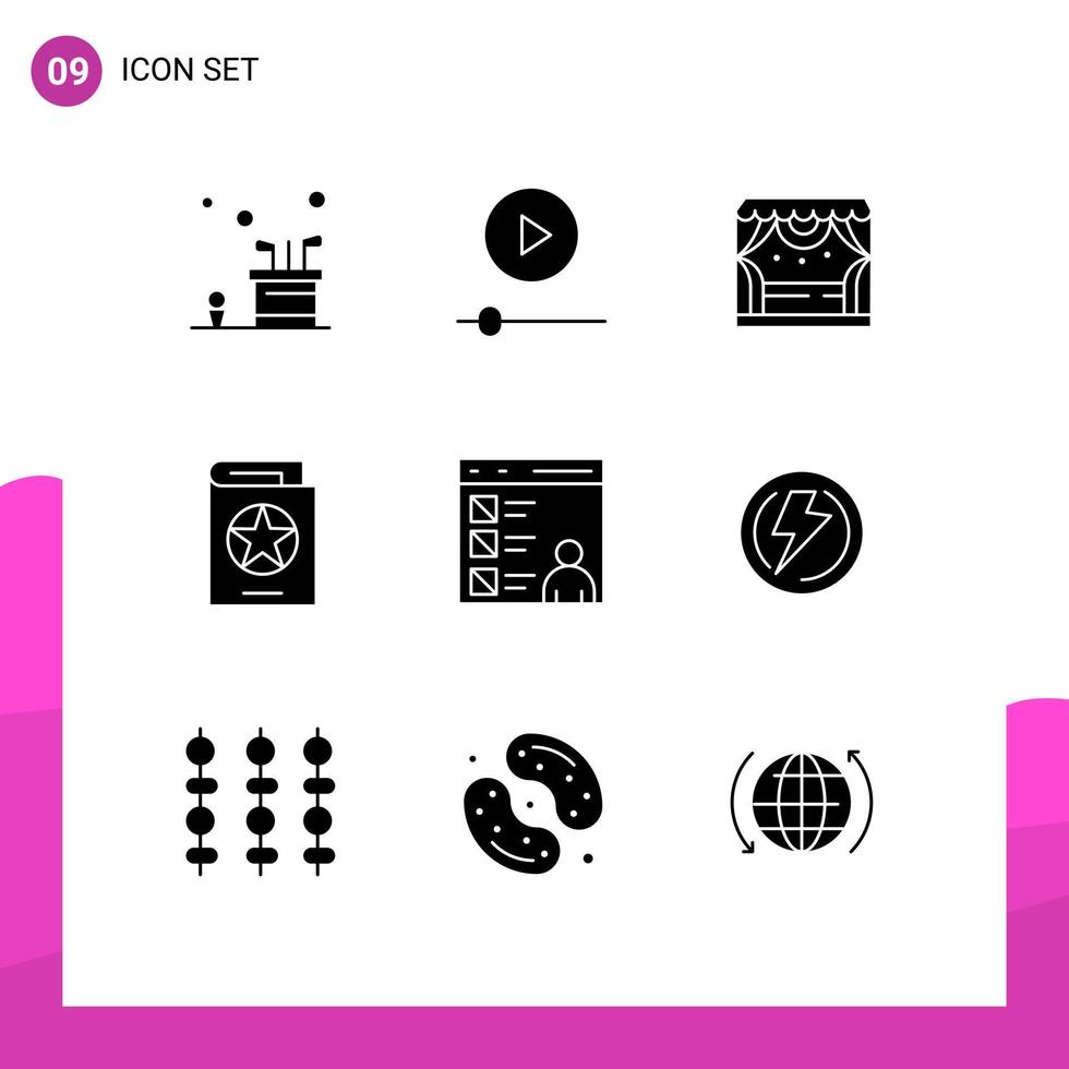 Pack of 9 Modern Solid Glyphs Signs and Symbols for Web Print Media such as witch halloween technology costume theater Editable Vector Design Elements