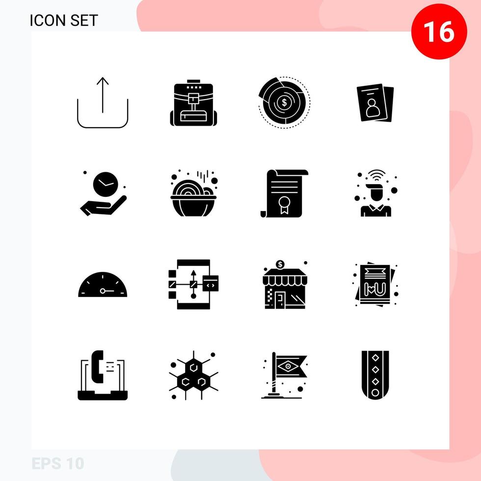 16 User Interface Solid Glyph Pack of modern Signs and Symbols of hand pass budget id card id Editable Vector Design Elements
