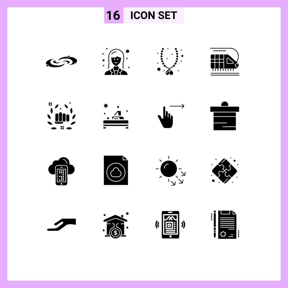 Mobile Interface Solid Glyph Set of 16 Pictograms of fight transportation lady transport present Editable Vector Design Elements
