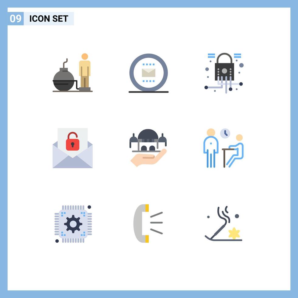 Modern Set of 9 Flat Colors Pictograph of mosque envelope work email security Editable Vector Design Elements