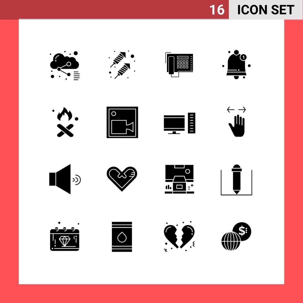 Pack of 16 Modern Solid Glyphs Signs and Symbols for Web Print Media such as pollution fire fax burn notification Editable Vector Design Elements