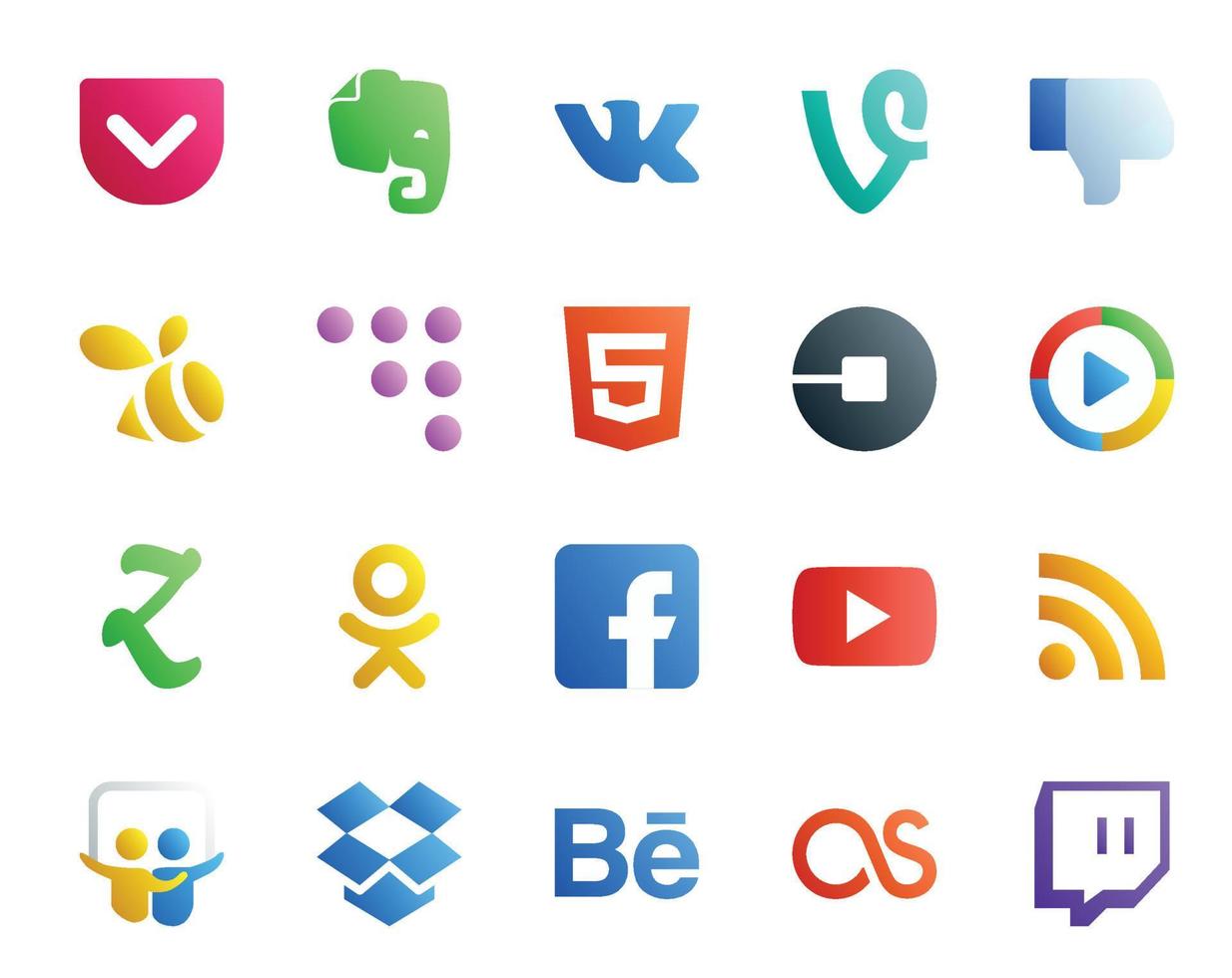 20 Social Media Icon Pack Including video facebook uber odnoklassniki video vector