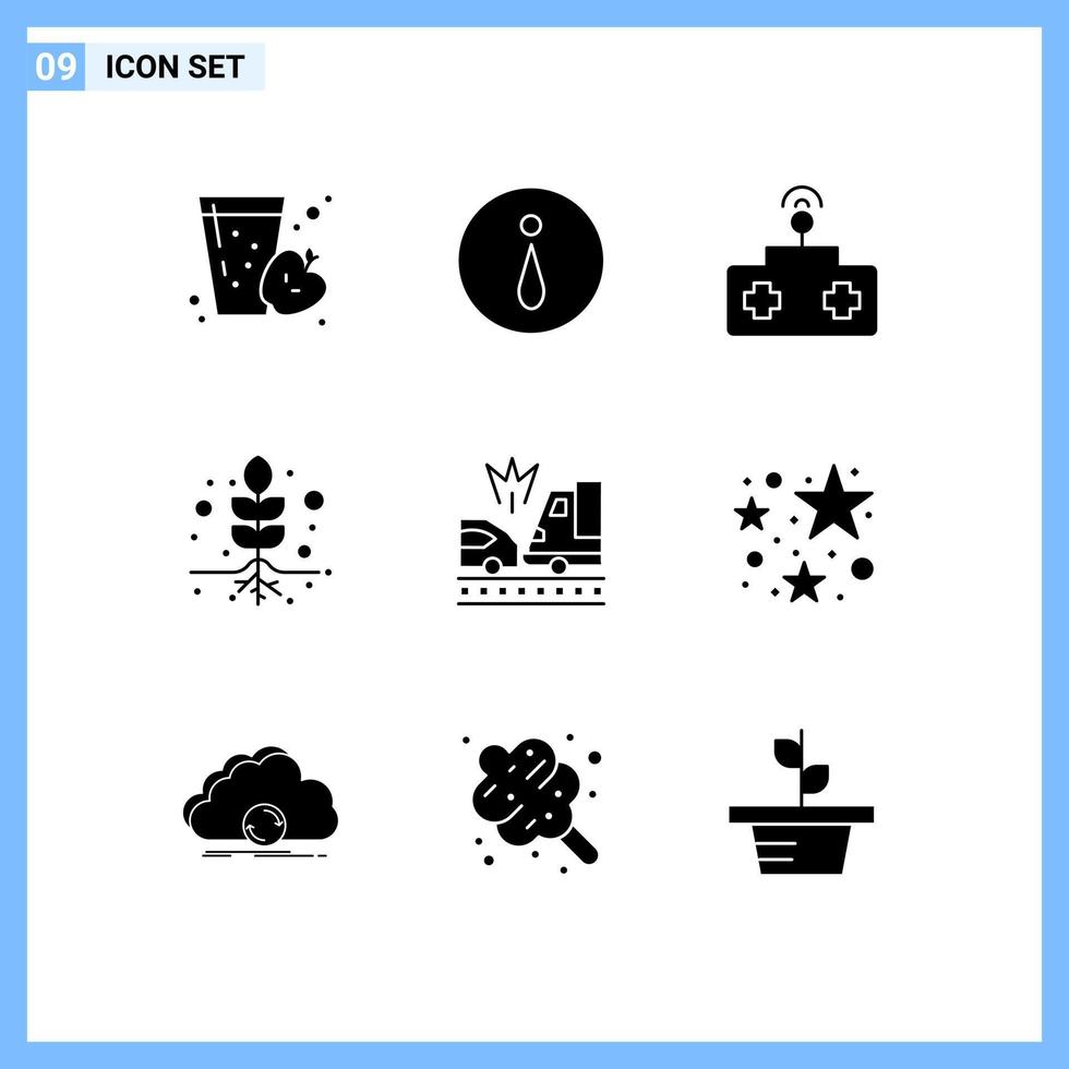 Solid Glyph Pack of 9 Universal Symbols of truck car rc accident root Editable Vector Design Elements