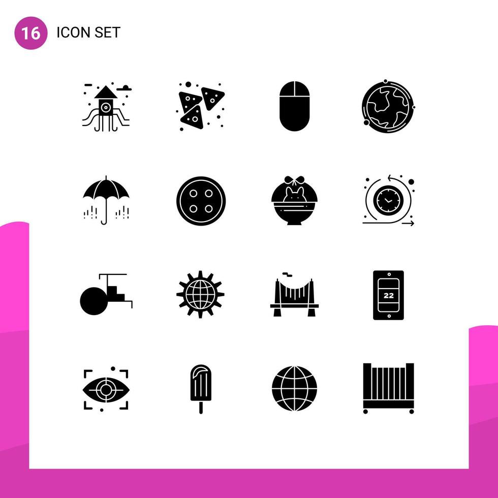 Set of 16 Commercial Solid Glyphs pack for spring rain mouse umbrella geography Editable Vector Design Elements