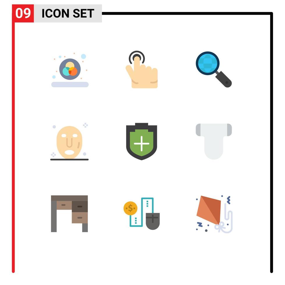 grupo de 9 colores planos modernos establecidos para la búsqueda de seguridad para bebés más elementos de diseño de vectores editables de spa