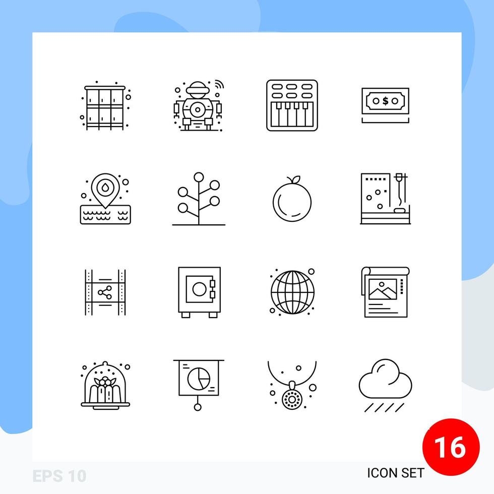 Group of 16 Modern Outlines Set for note payment tech money sound Editable Vector Design Elements