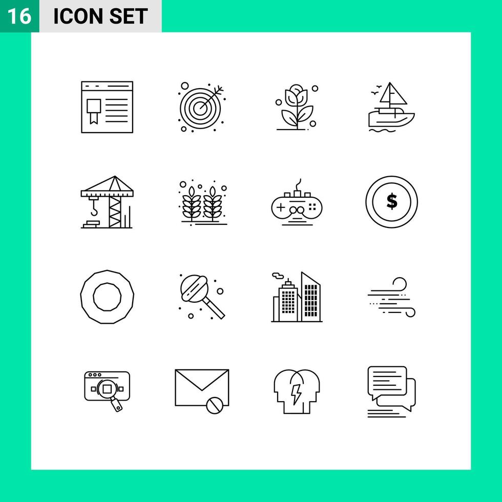 Mobile Interface Outline Set of 16 Pictograms of construction crain flower vessel ship Editable Vector Design Elements