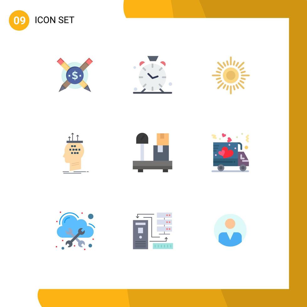Set of 9 Vector Flat Colors on Grid for package thinking sun process brain Editable Vector Design Elements