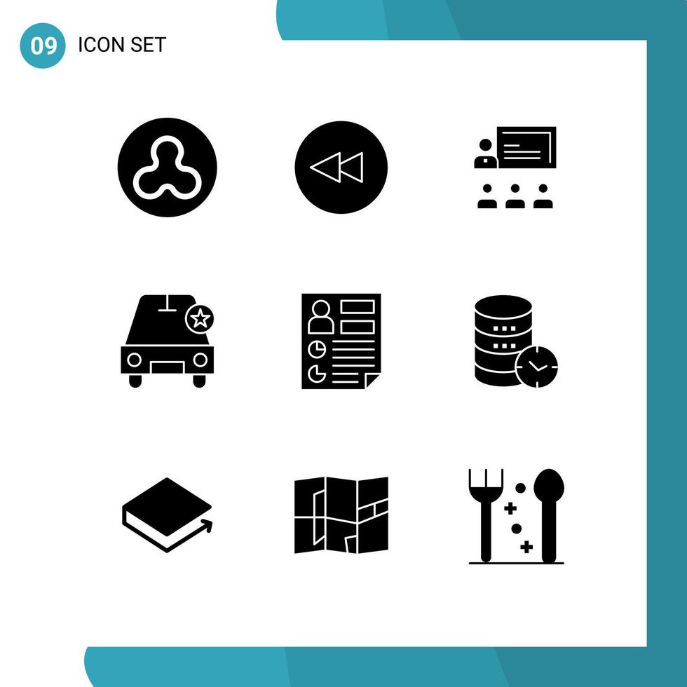 User Interface Pack of 9 Basic Solid Glyphs of document analytics human vehicles important Editable Vector Design Elements