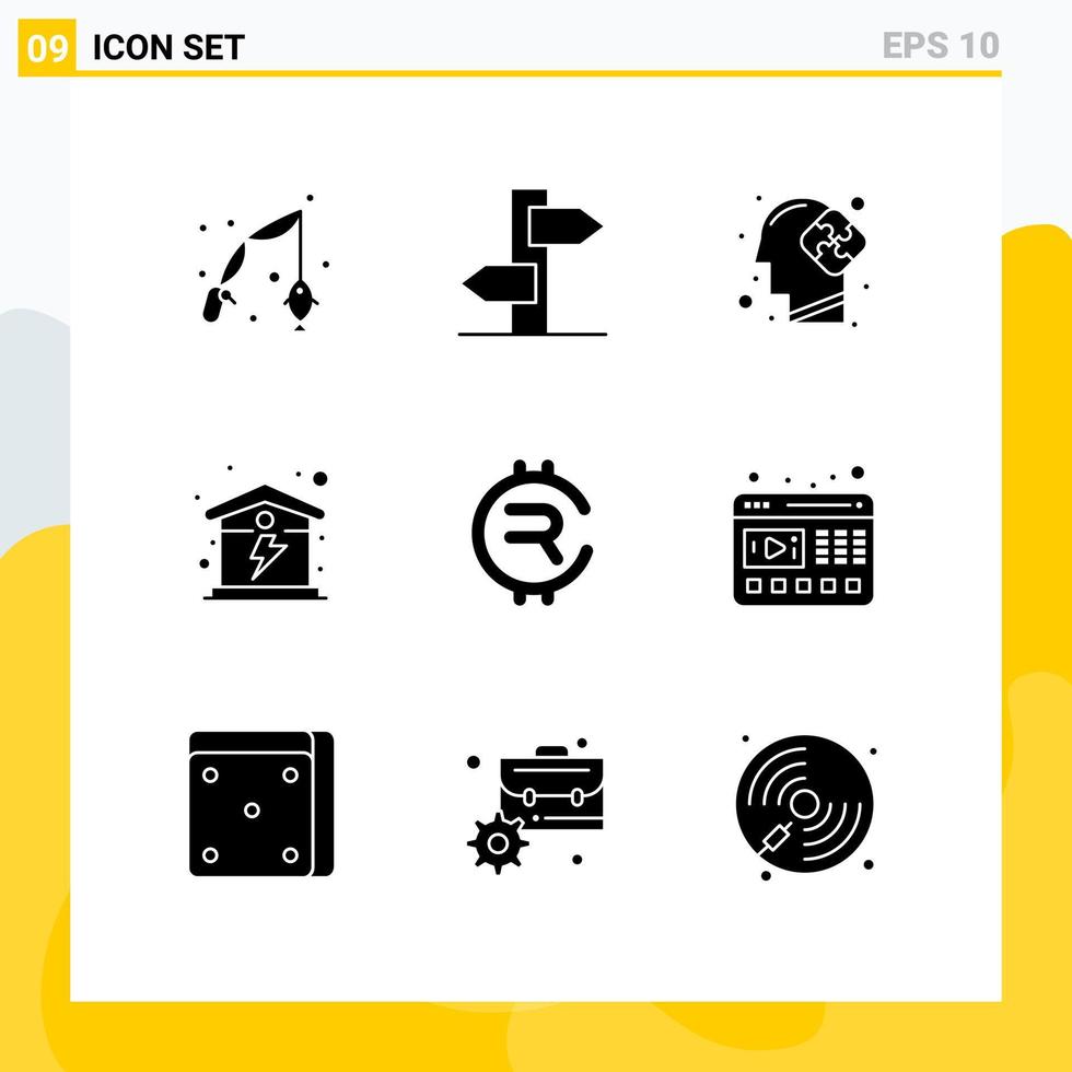 Set of 9 Vector Solid Glyphs on Grid for coin energy human house electric Editable Vector Design Elements