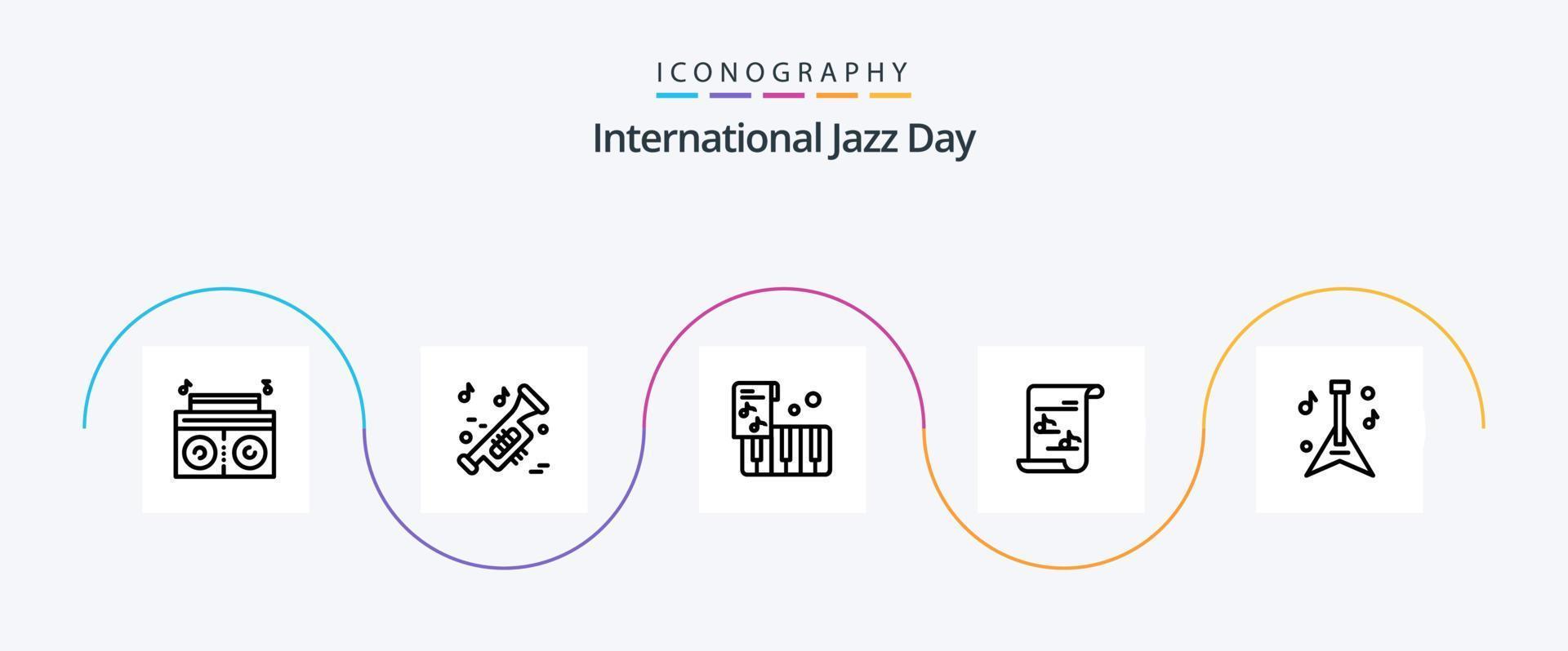 paquete de iconos de la línea 5 del día internacional del jazz que incluye lista de reproducción. medios universidad. archivo . música vector