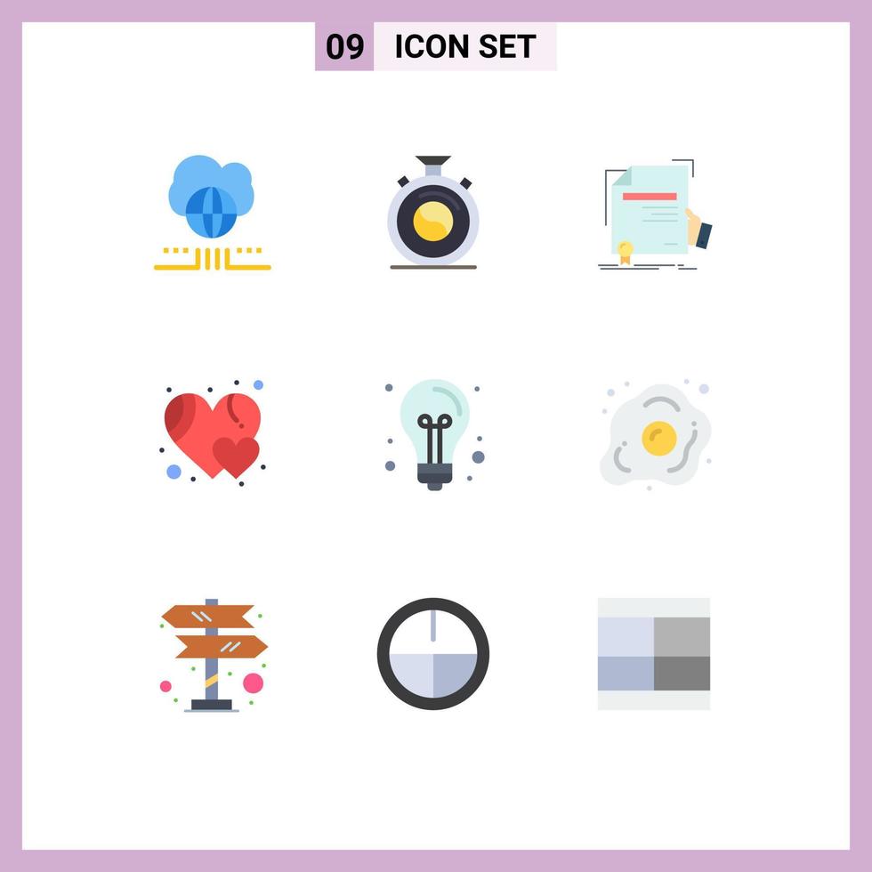 Mobile Interface Flat Color Set of 9 Pictograms of creative like certificate heart agreement Editable Vector Design Elements