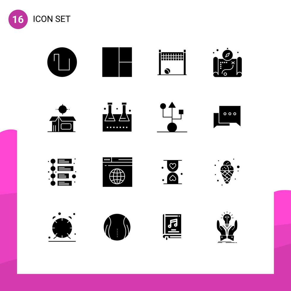 16 Thematic Vector Solid Glyphs and Editable Symbols of erlenmeyer flask product volleyball open box open product Editable Vector Design Elements
