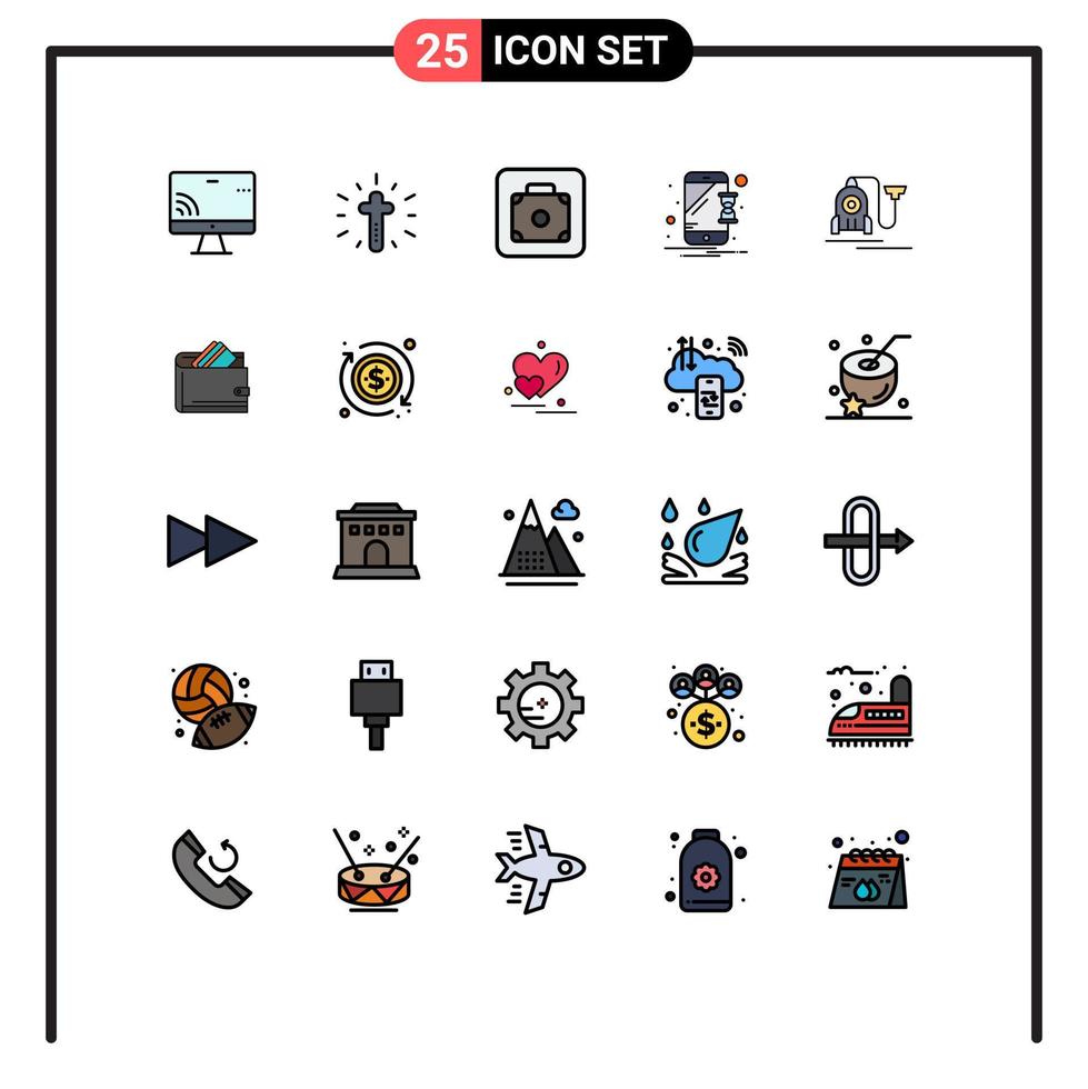 Group of 25 Modern Filled line Flat Colors Set for machine notification baggage mobile device Editable Vector Design Elements