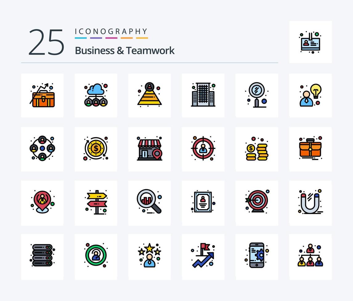 Business And Teamwork 25 Line Filled icon pack including search. quest. user. center. building vector