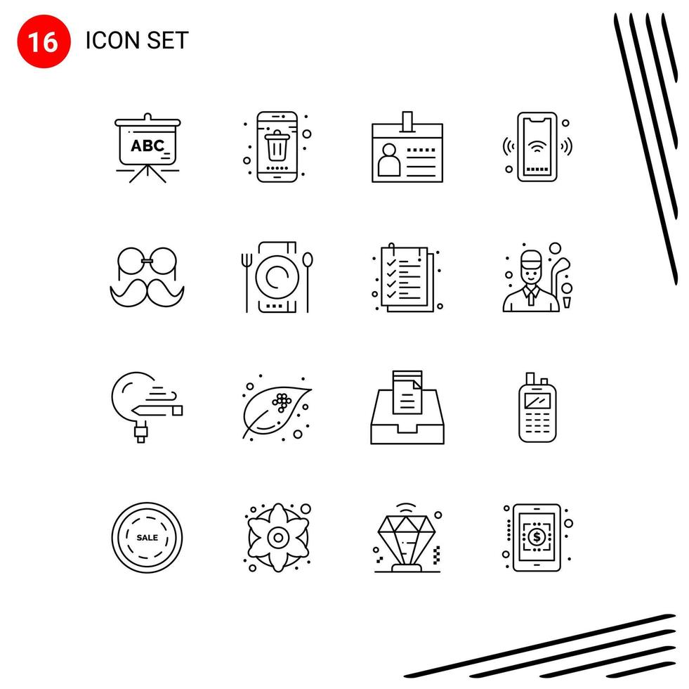 Pictogram Set of 16 Simple Outlines of smart wifi badge signal identification Editable Vector Design Elements