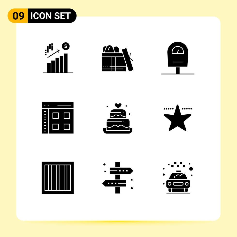 Mobile Interface Solid Glyph Set of 9 Pictograms of love web machine user communication Editable Vector Design Elements