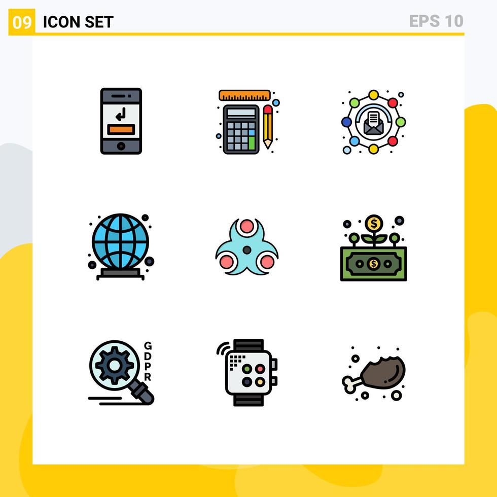User Interface Pack of 9 Basic Filledline Flat Colors of biological world calculation globe message Editable Vector Design Elements