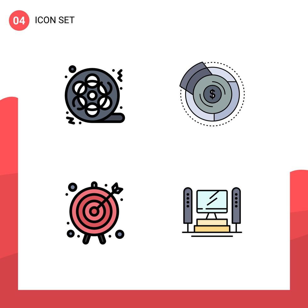 Modern Set of 4 Filledline Flat Colors Pictograph of film graph video budget goal Editable Vector Design Elements