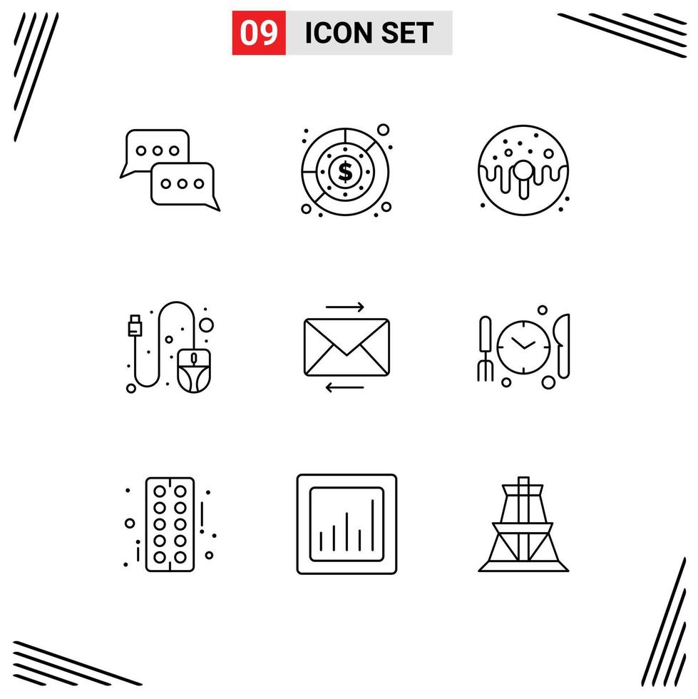 Group of 9 Outlines Signs and Symbols for scroll computer profit sweet doughnut Editable Vector Design Elements