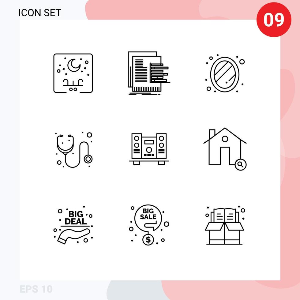 Modern Set of 9 Outlines Pictograph of stethoscope hospital reports doctor home Editable Vector Design Elements