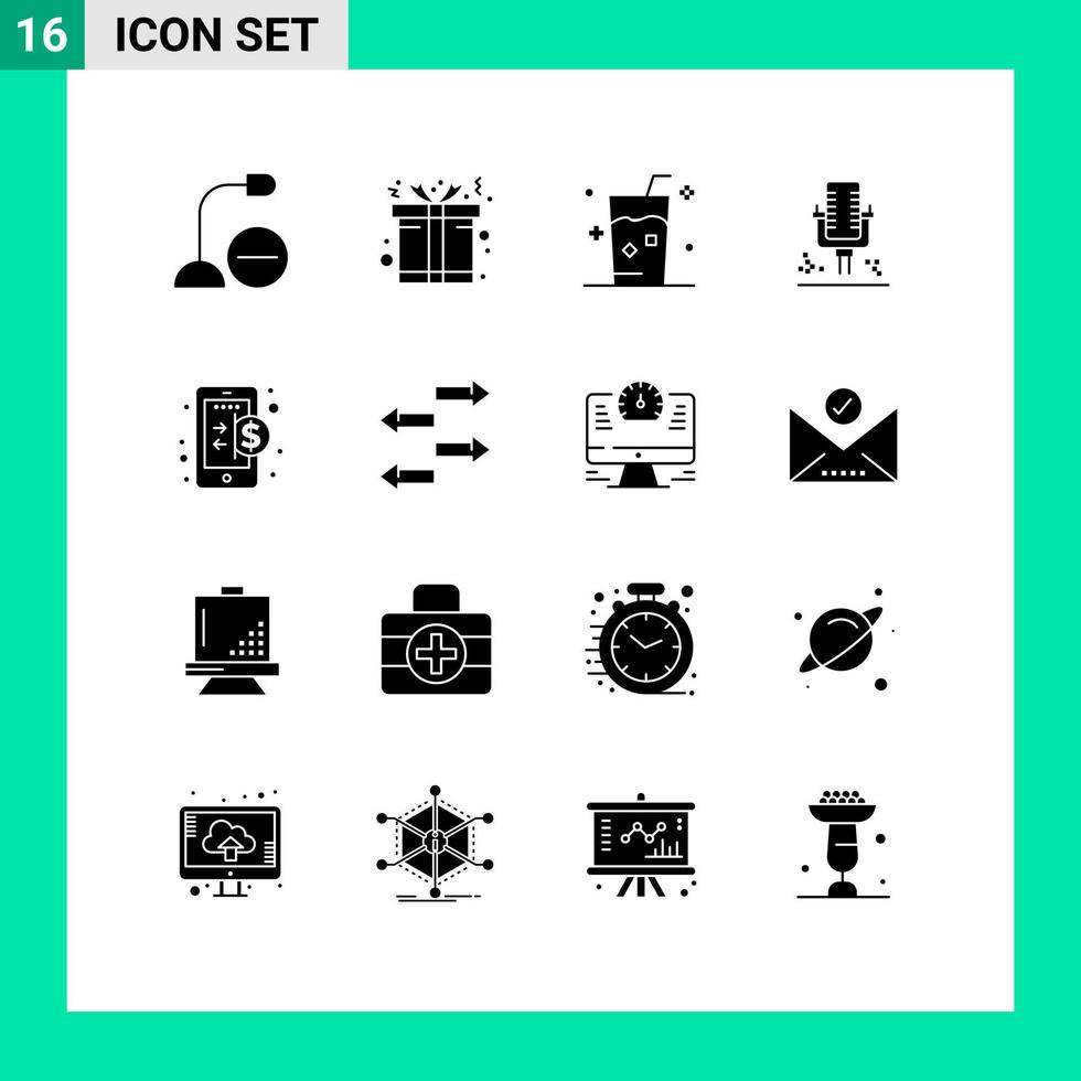 Pack of 16 creative Solid Glyphs of business professional drink microphone summer Editable Vector Design Elements