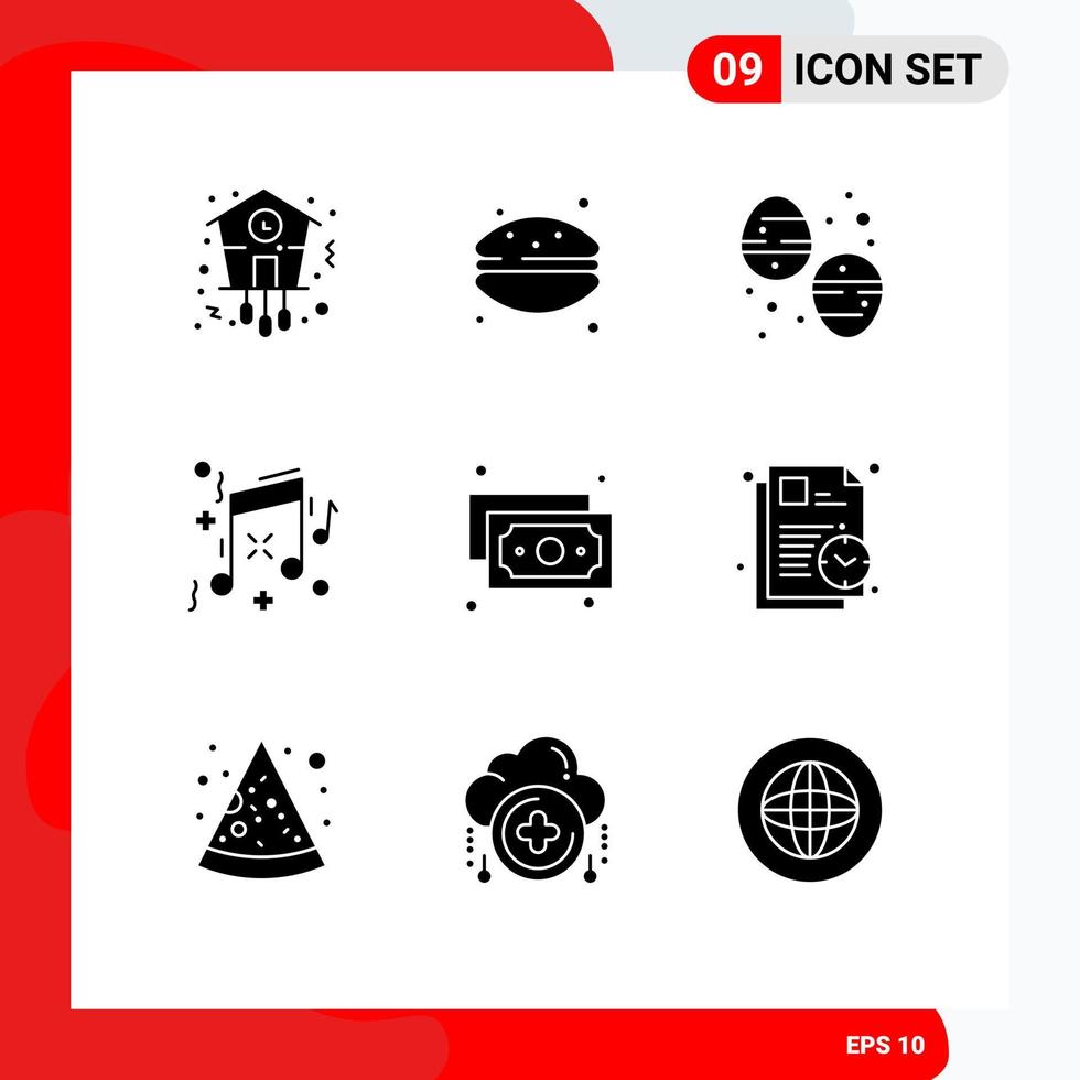 Pack of 9 Modern Solid Glyphs Signs and Symbols for Web Print Media such as finance party macaroni music sweets Editable Vector Design Elements