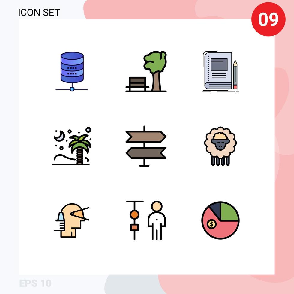 Pack of 9 Modern Filledline Flat Colors Signs and Symbols for Web Print Media such as coconut nature book tree school Editable Vector Design Elements