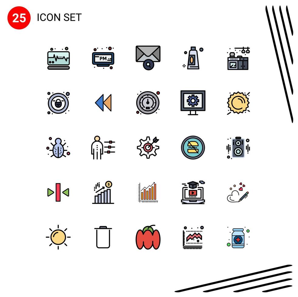 Filled line Flat Color Pack of 25 Universal Symbols of padlock kitchen message living clean Editable Vector Design Elements