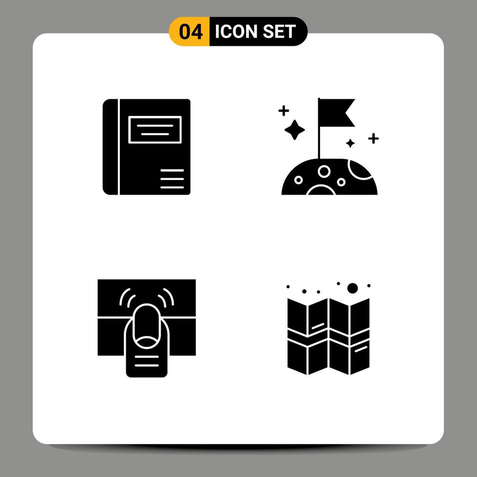 Solid Glyph Pack of 4 Universal Symbols of book hand medical space touch Editable Vector Design Elements