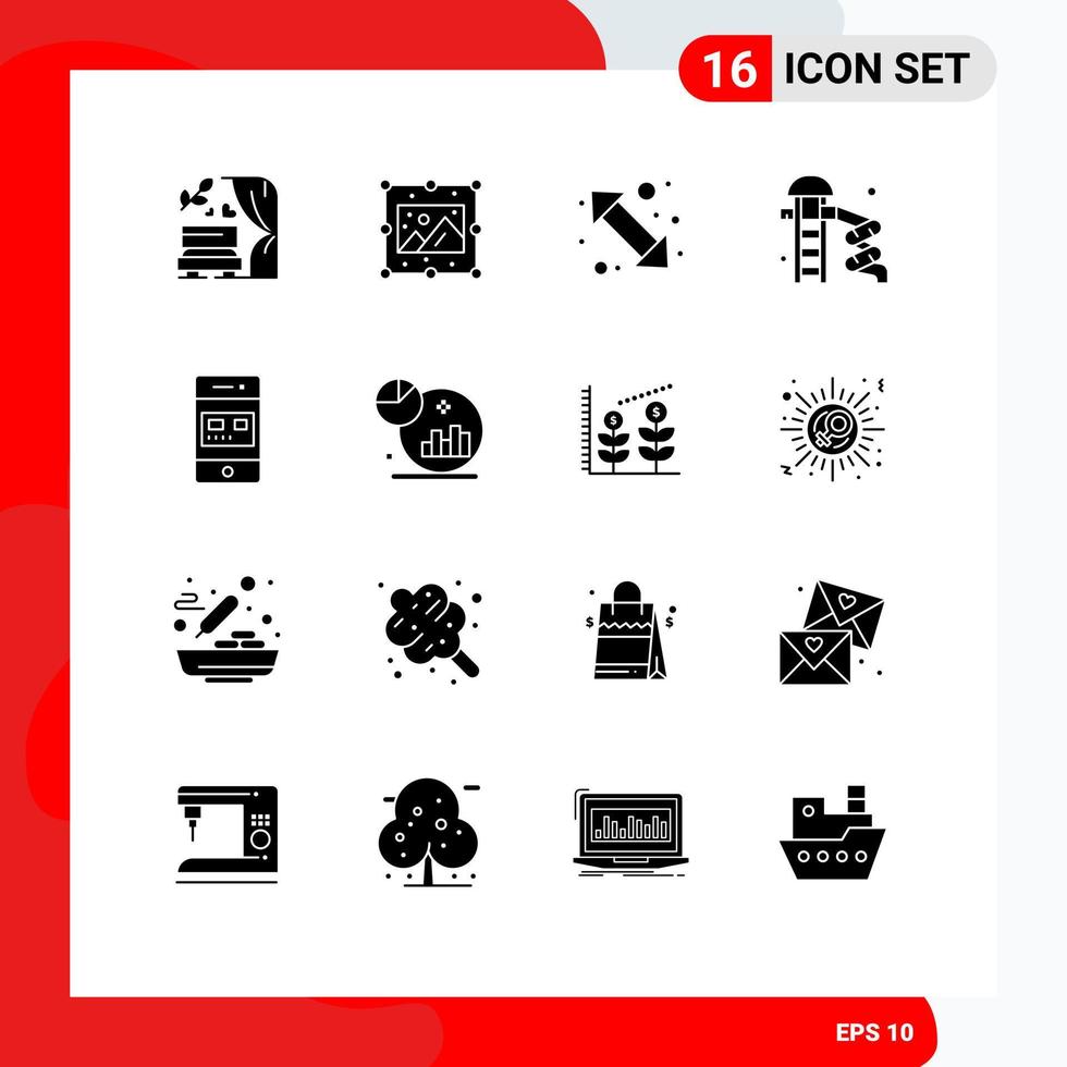 Pack of 16 Modern Solid Glyphs Signs and Symbols for Web Print Media such as bank water arrow slider up right Editable Vector Design Elements