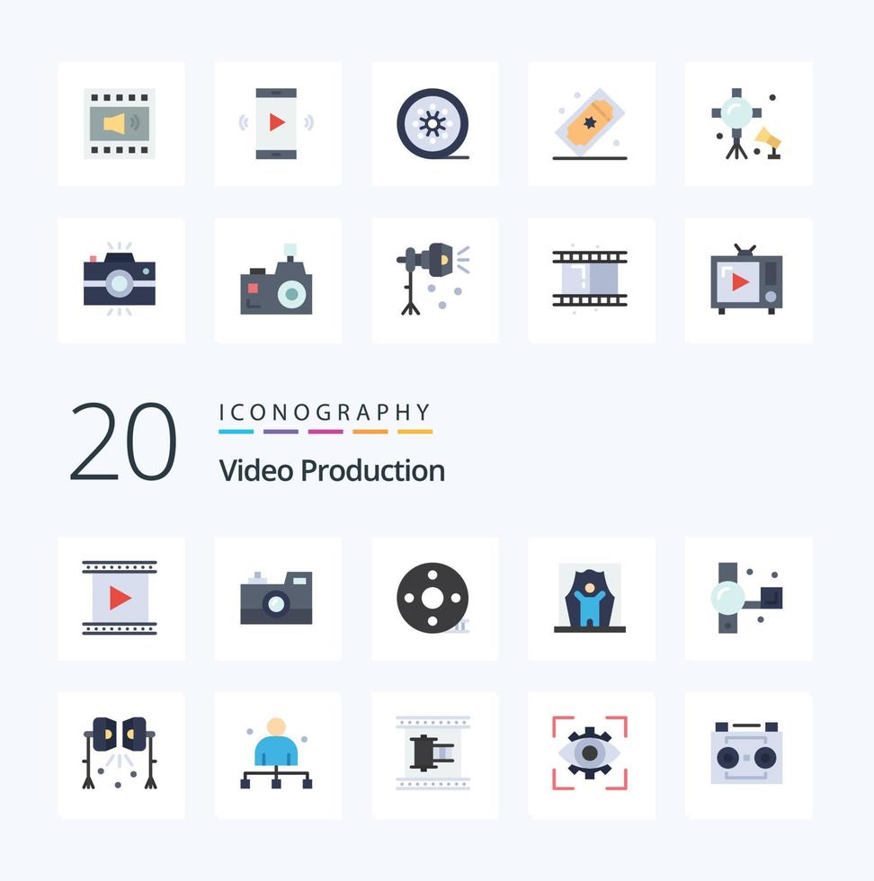 20 Video Production Flat Color icon Pack like celebrity actor retro camera filmmaking clapper vector