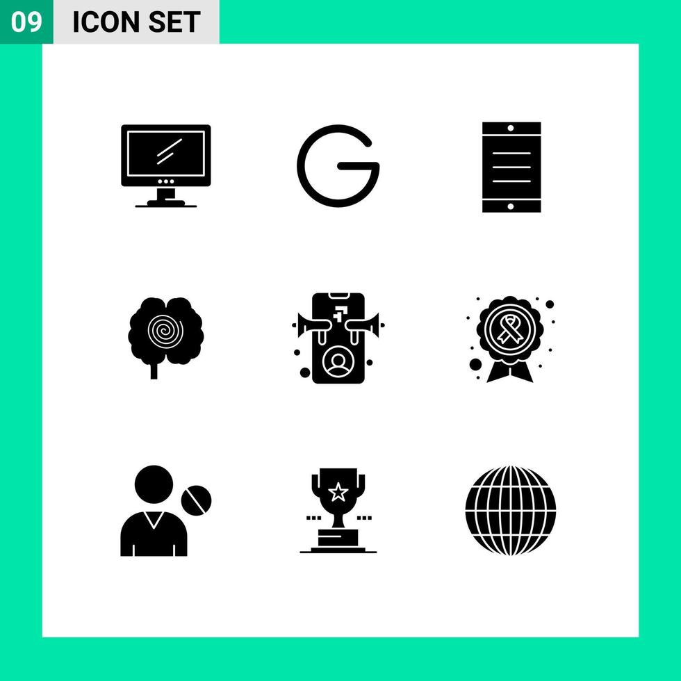 Set of 9 Vector Solid Glyphs on Grid for advertising psychology crypto currency hypnosis brain Editable Vector Design Elements