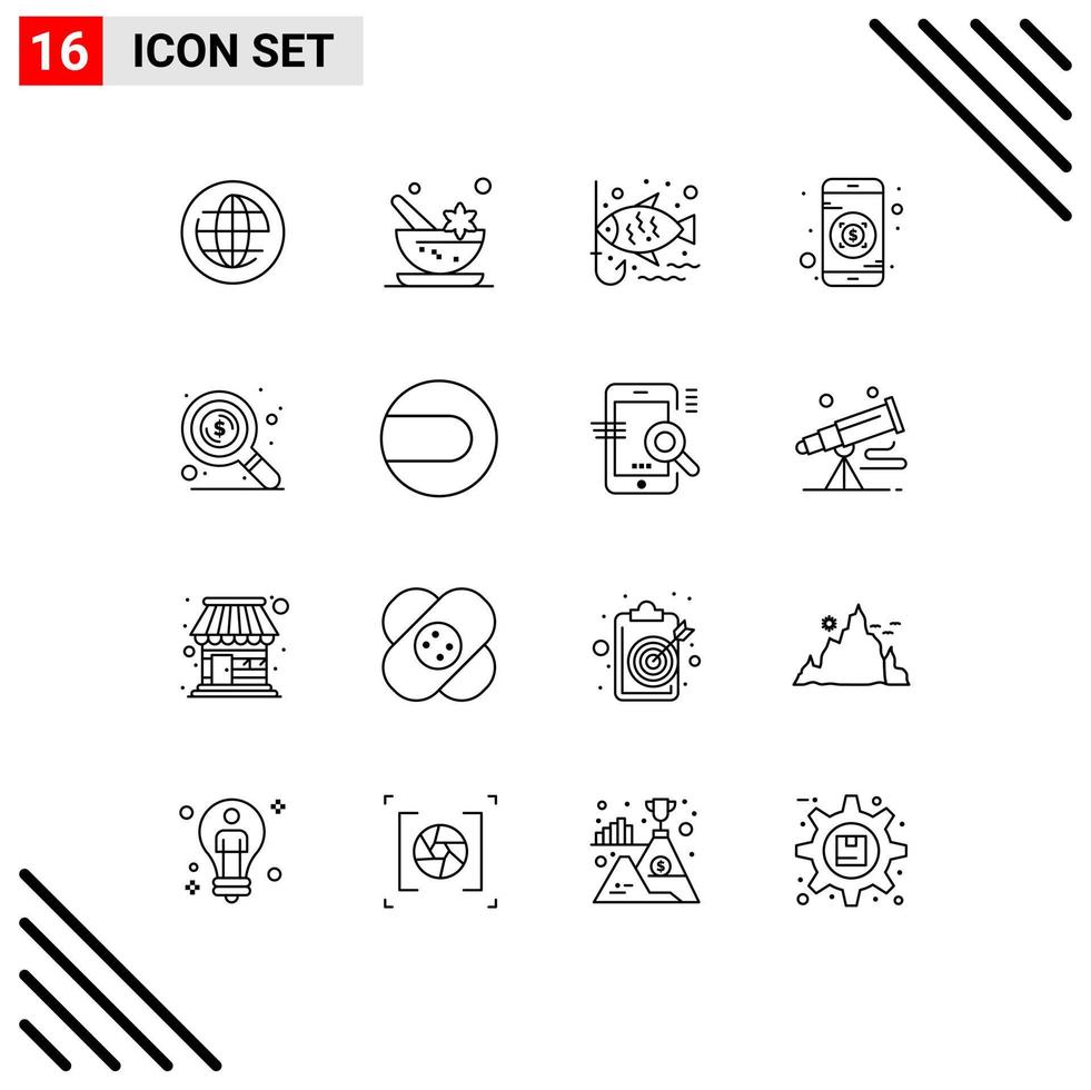 Universal Icon Symbols Group of 16 Modern Outlines of search find fish mobile banking Editable Vector Design Elements